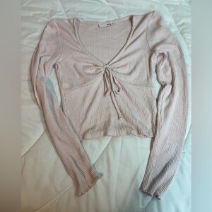 SO Women's Light Pink Ribbed Long Sleeve Top XS with tie in front